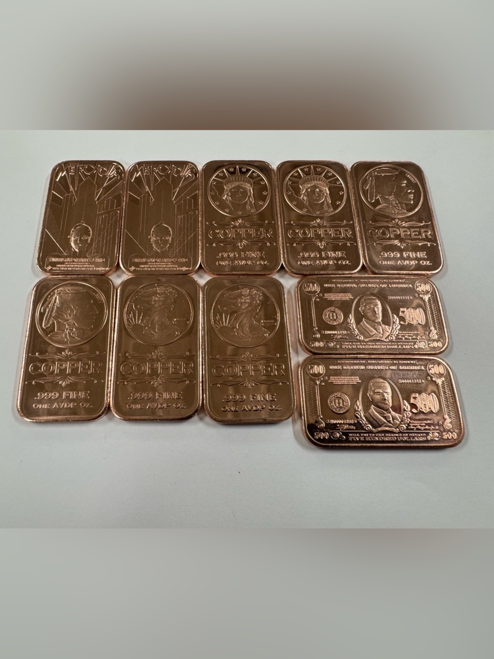 10 - Rare 1 AVDP Oz. .999 Fine Copper Bars - Including Metropolis Movie Bars